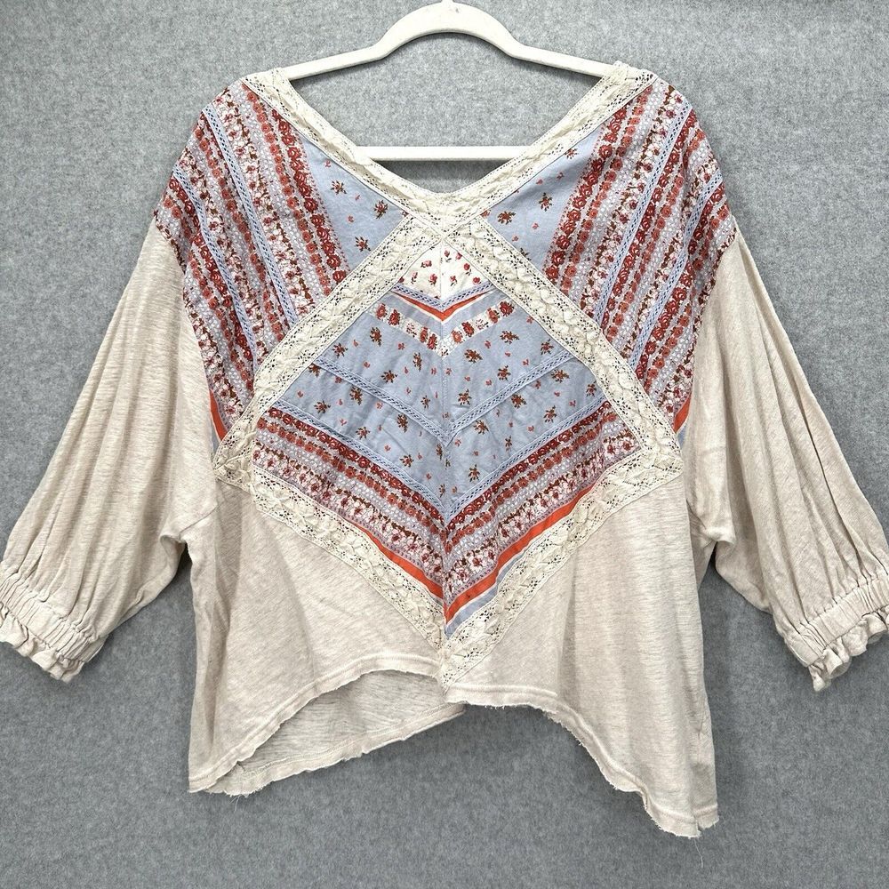 Free People Cream and Blue Blouse